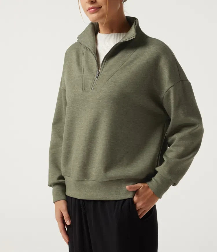 Mock Neck Dropped Half Zip Long Sleeve Casual Sweatshirt