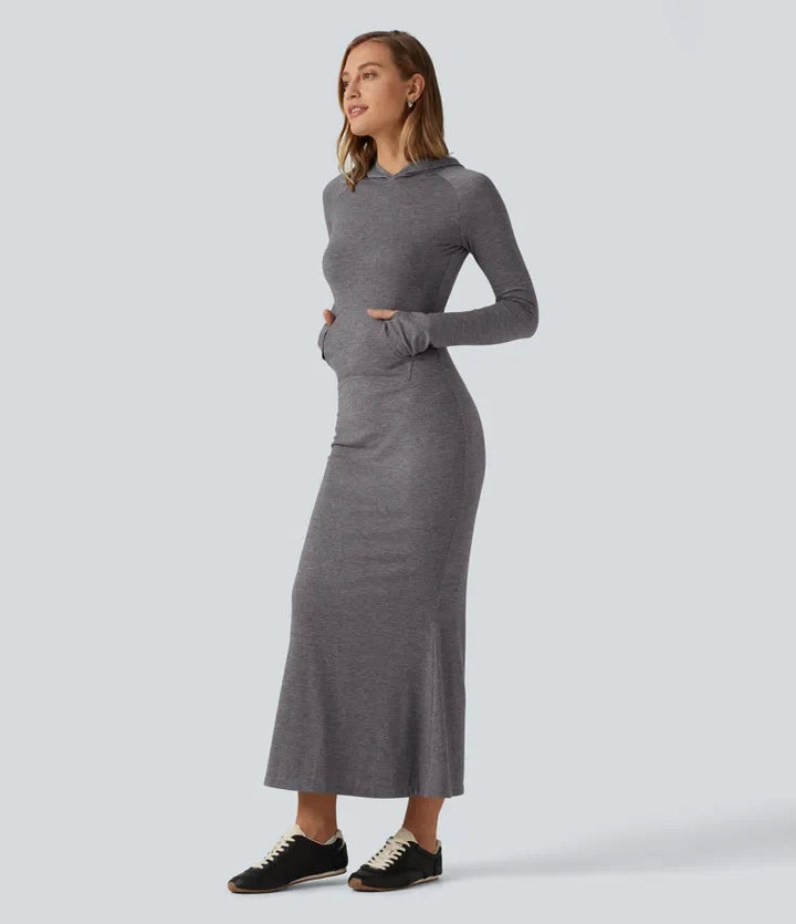 Hooded Long Sleeve Thumb Hole A-Line Maxi Casual Dress with Pocket
