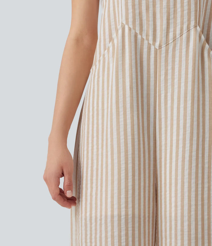 Stripe Casual Linen-Feel Overalls with Pockets