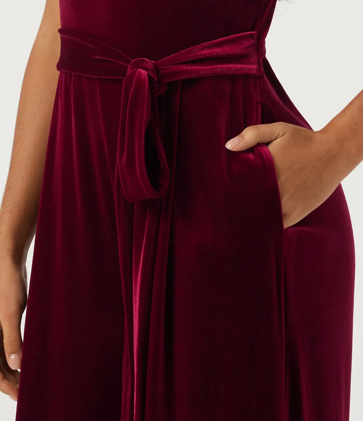 Round Neck Flounce Short Sleeve Keyhole Back Tie Front Velvet Party Jumpsuit with Pockets -Easy Peezy Edition