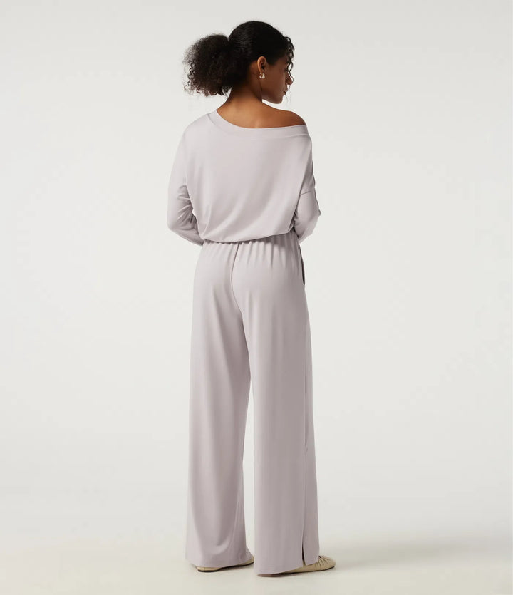 One Shoulder Long Sleeve Wide Leg Casual Jumpsuit with Built-in Bra and Pockets -Easy Peezy Edition