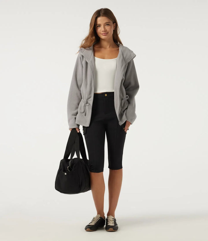 Hooded Long Sleeve Drawstring Curved Hem Fleece Casual Coat with Pockets