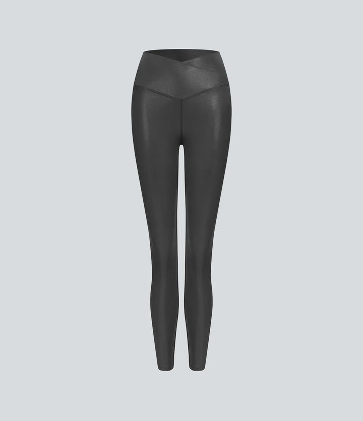 SoftlyZero Faux Leather Crossover Pocket Foil Print Stretchy Casual Leggings