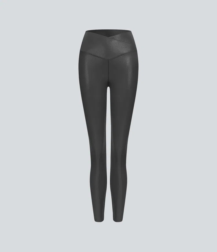 Softlyzero Faux Leather Crossover Back Pocket Foil Print Stretchy Casual Trousers