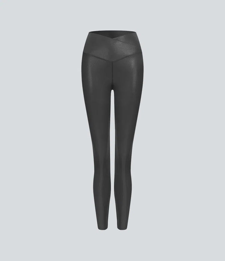 Softlyzero Faux Leather Crossover Back Pocket Foil Print Stretchy Casual Trousers