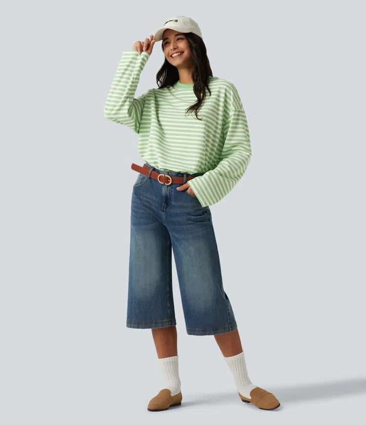 Round Neck Long Sleeve Stripe Waffle Casual Top