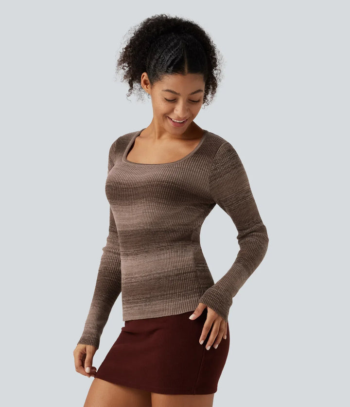 Square Neck Long Sleeve Gradient Stirpe Casual Jumper