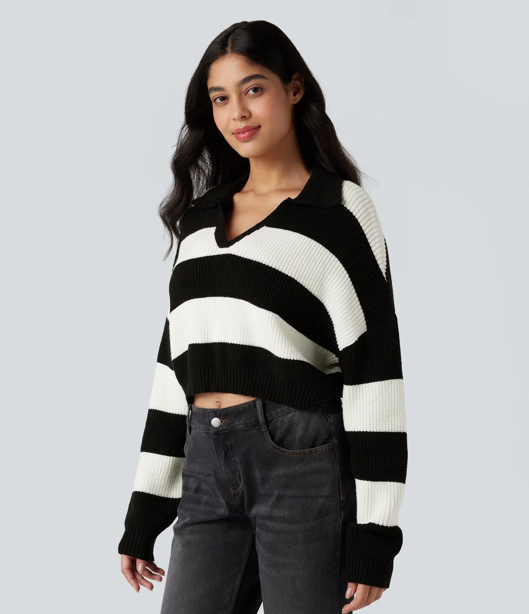 V-neck Long Sleeve Stripe Relaxed Casual Jumper