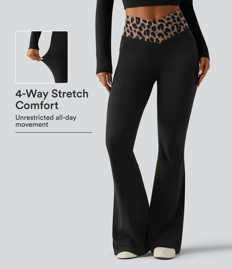 Halara UltraSculpt Leopard Print High Waisted Crossover InstantCool Casual Flare Trousers with Pockets