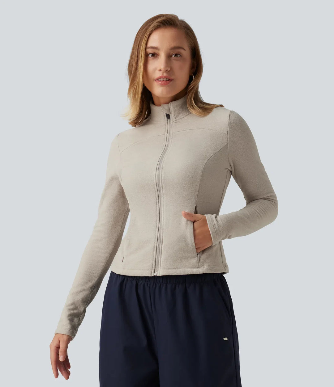 Stand Collar Long Sleeve Fleece Casual Jacket with Pockets