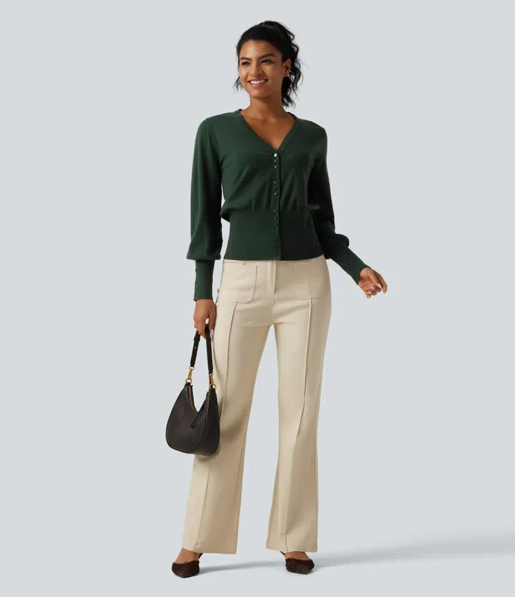 V Neck Bishop Long Sleeve Work Cardigan