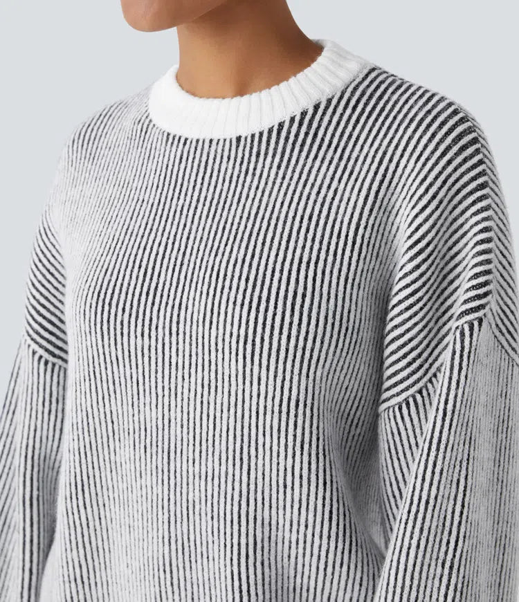 Round Neck Long Sleeve Color Block Stripe Casual Jumper