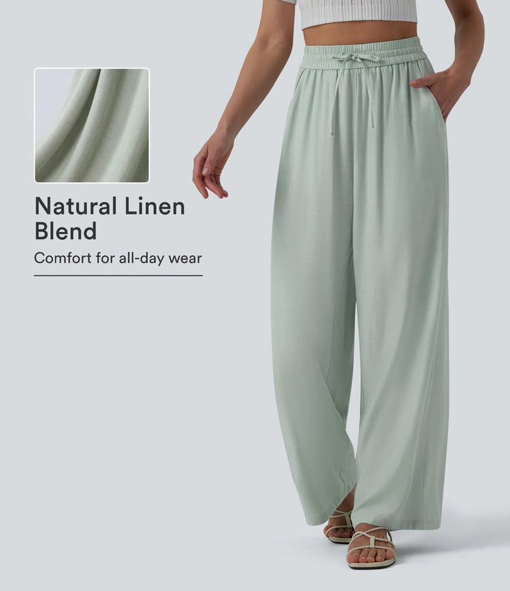 High Waisted Drawstring Wide Leg Casual Linen-Blend Trousers with Pockets