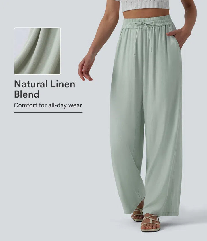 High Waisted Drawstring Wide Leg Casual Linen-Blend Trousers with Pockets