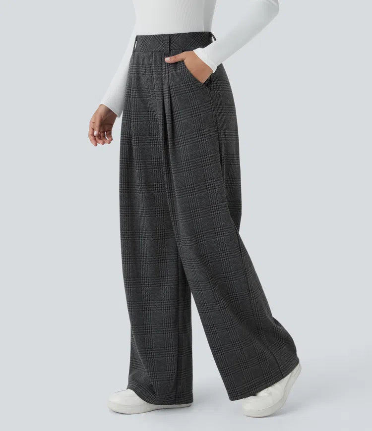 High Waisted Pocket Wide Leg Houndstooth Plaid Casual Trousers