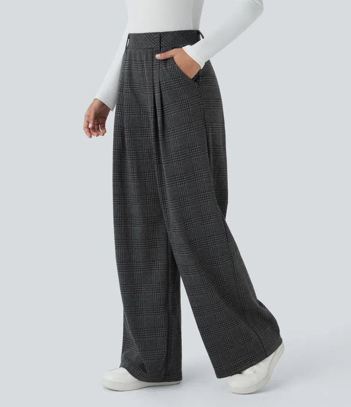 High Waisted Pocket Wide Leg Houndstooth Plaid Casual Trousers