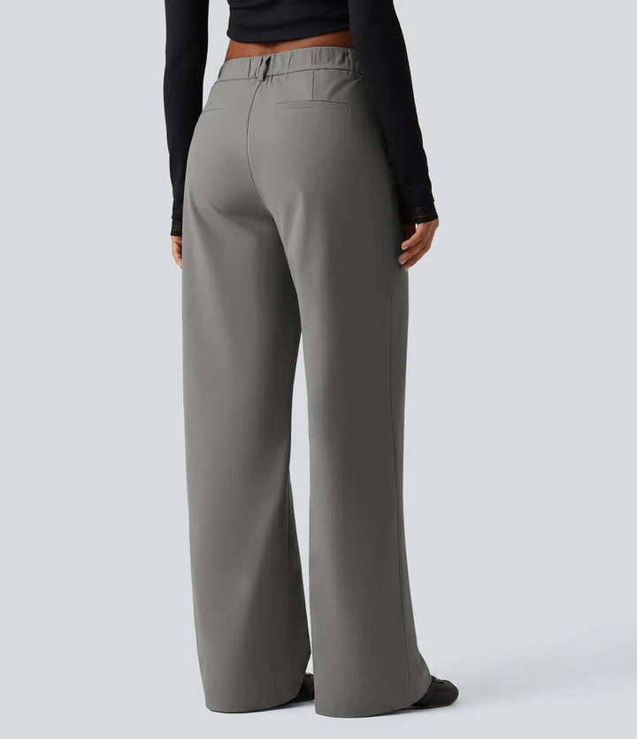 Wrinkle Recovery Mid Rise Straight Leg Work Trousers with Pockets