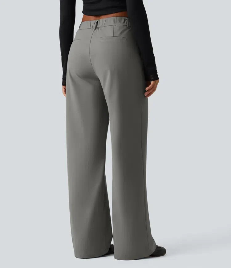 Wrinkle Recovery Mid Rise Straight Leg Work Trousers with Pockets