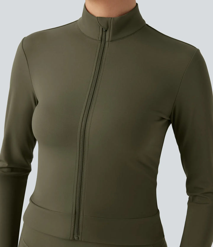 SoftlyZero Plush Stand Collar Long Sleeve Thumb Holes Crossover Back Yoga Jackets