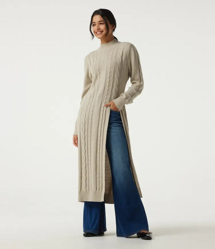 Mock Neck Long Sleeve Cable Stitch Casual Midi Jumper Dress