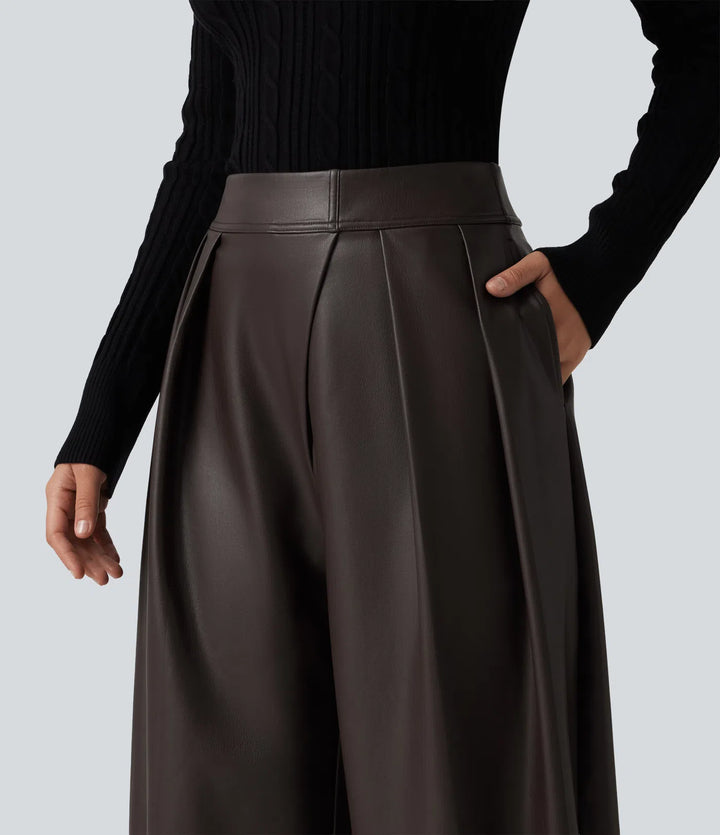 High Waisted Barrel Leg Stretchy PU Fleece Casual Trousers with Pockets