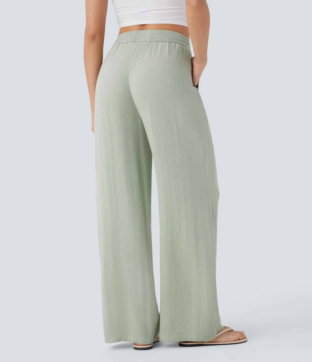 High Waisted Drawstring Pocket Wide Leg Baggy Casual Linen-Feel Trousers