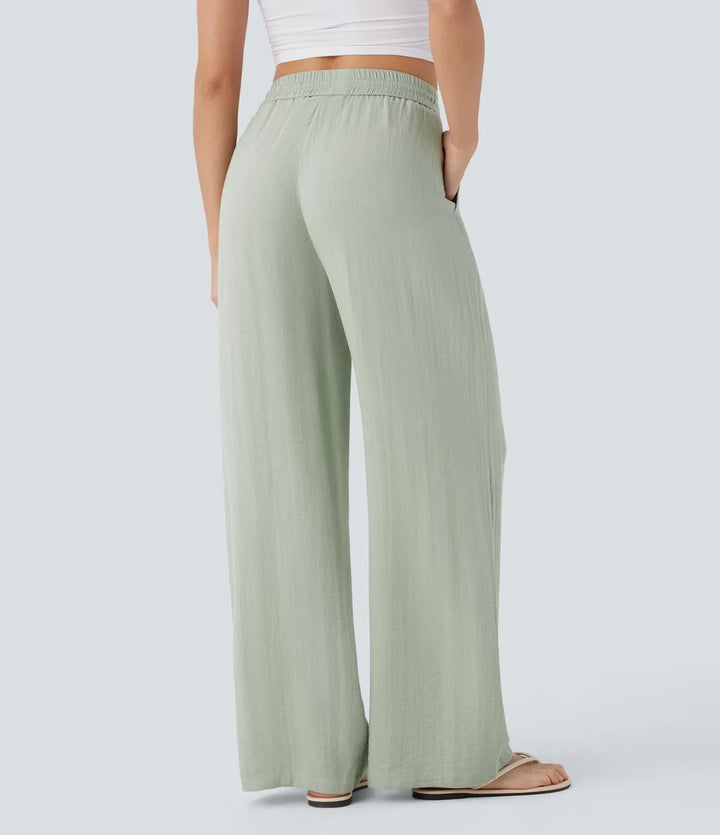 High Waisted Drawstring Pocket Wide Leg Baggy Casual Linen-Feel Trousers