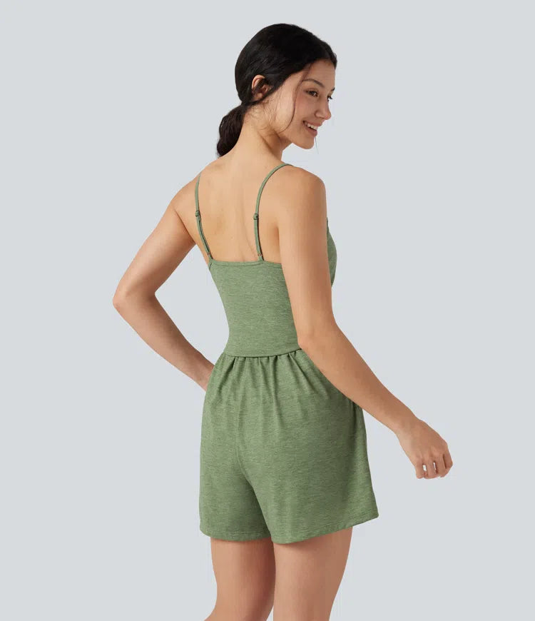 Built-in Bra Ruched 2-in-1 Heathered Casual Playsuit with Pockets-Easy Peezy Edition