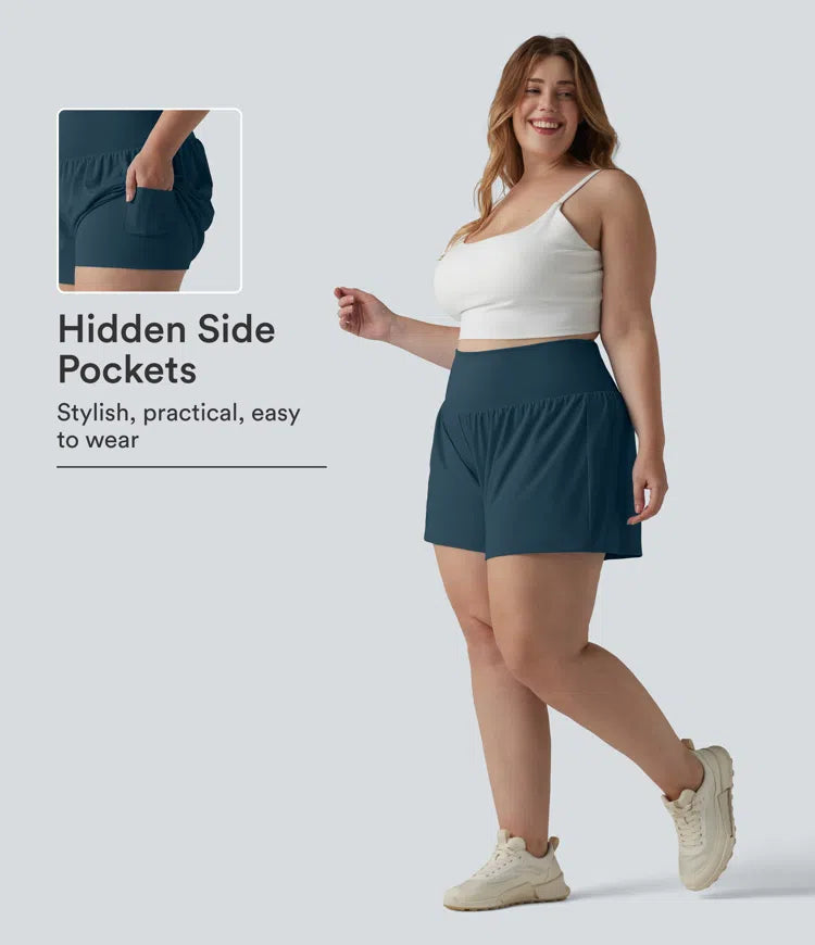 Super High Waisted Back Pocket &amp; Side Hidden Pocket 2-in-1 Yoga Plus Size Shorts 4&