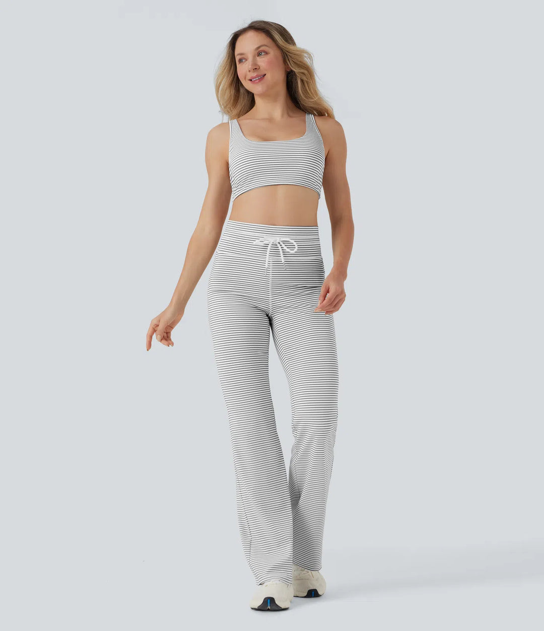 High Waisted Drawstring Stripe Flared Yoga Trousers with Pockets