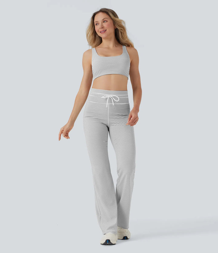 High Waisted Drawstring Stripe Flared Yoga Trousers with Pockets