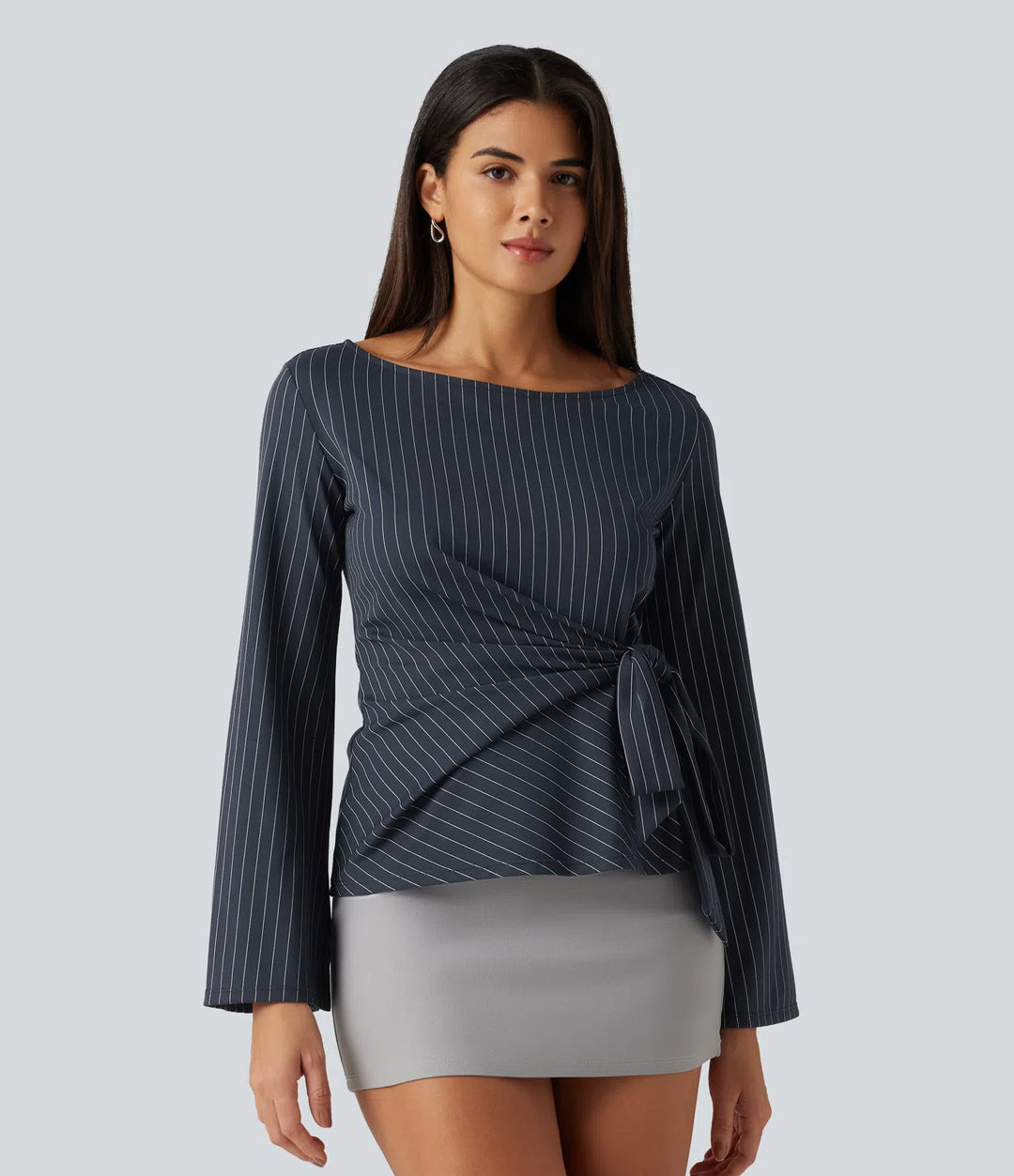 Boat Neck Flounce Long Sleeve Tie Side Ruched Stripe Work Blouse