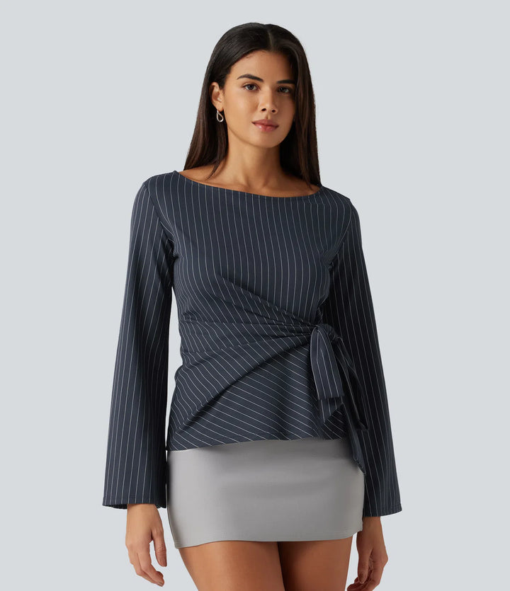 Boat Neck Flounce Long Sleeve Tie Side Ruched Stripe Work Blouse