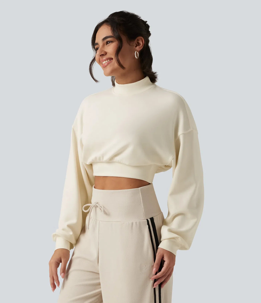 Mock Neck Dropped Long Sleeve Casual Cropped Sweatshirt