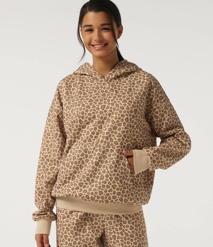 Hooded Long Sleeve Leopard Print Casual Sweatshirt with Pocket