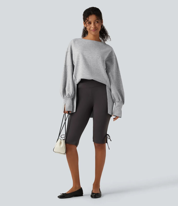 Round Neck Dropped Long Sleeve Slit Hem Casual Sweatshirt