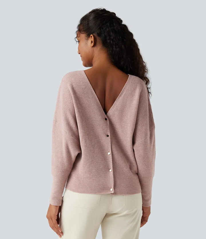 V Neck Long Sleeve Casual Jumper-Front and Back Wearable