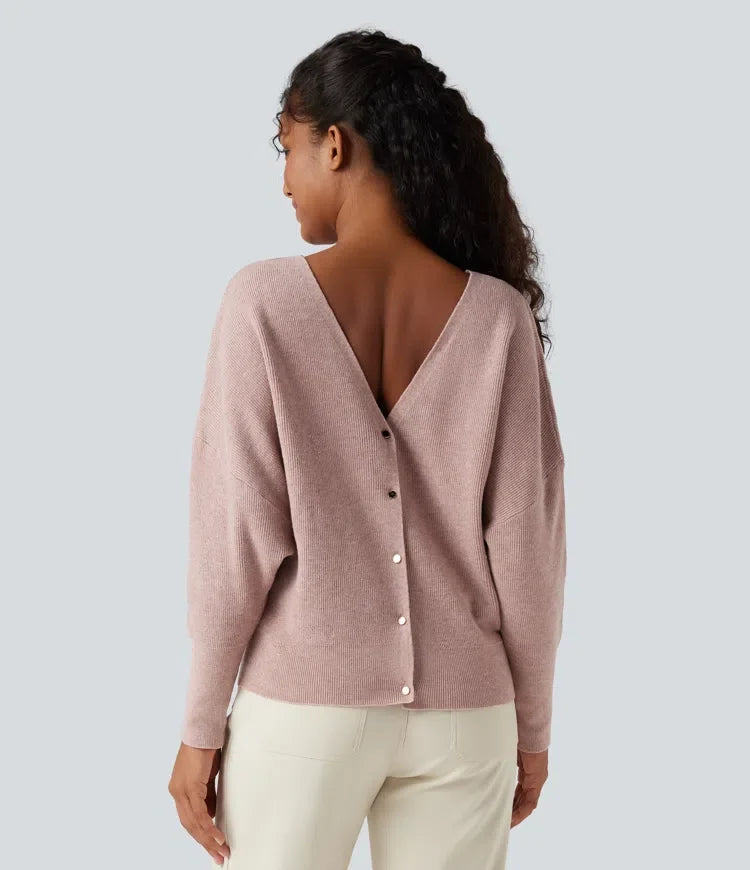 V Neck Long Sleeve Casual Jumper-Front and Back Wearable