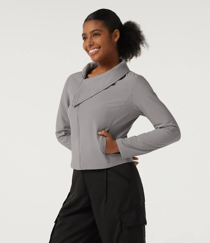 Asymmetric Collar Long Sleeve Casual Jacket with Pockets