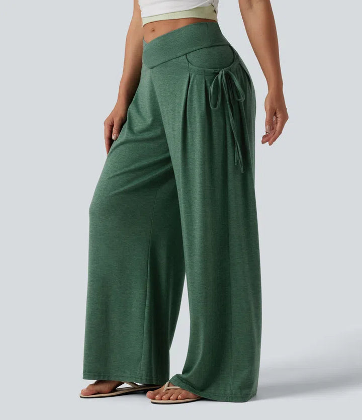 High Waisted Crossover Lace Up Wide Leg Heathered Casual Trousers with Pockets