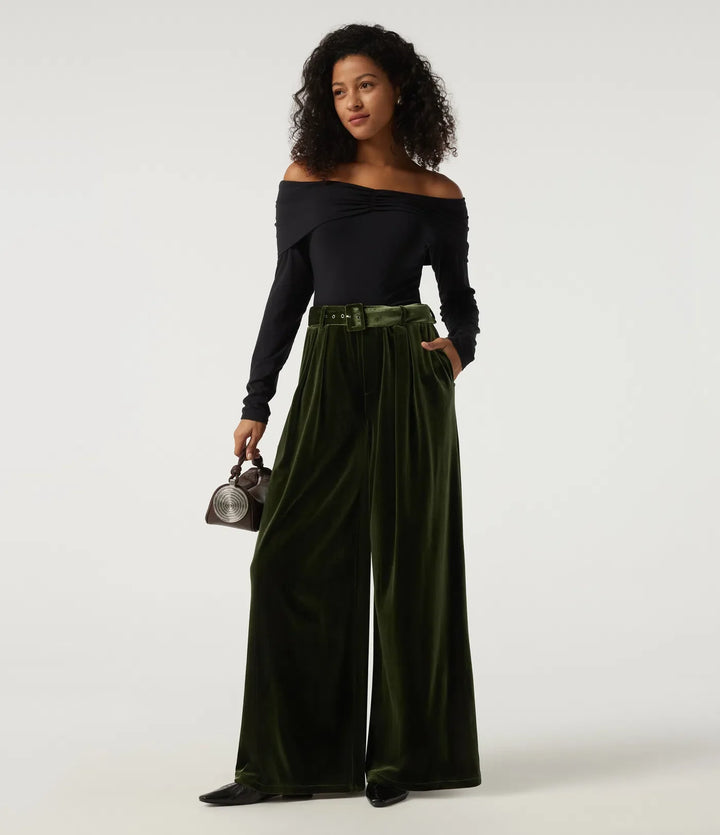 High Waisted Belted Wide Leg Velvet Casual Trousers with Pockets