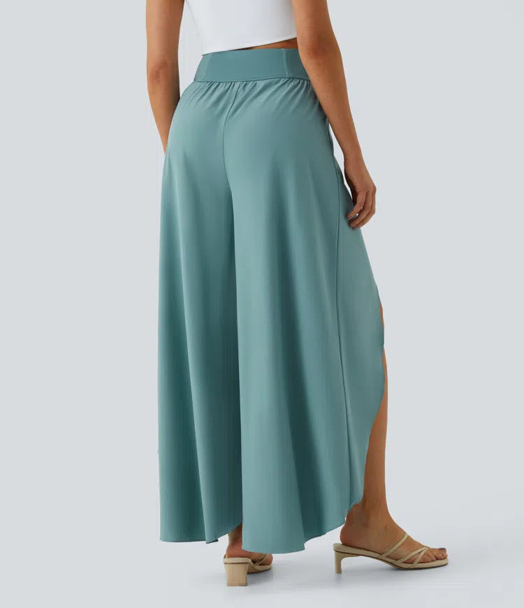 Breezeful High Waisted Back Waistband Pocket Palazzo Flowy Wide Leg Quick Dry Casual Trousers