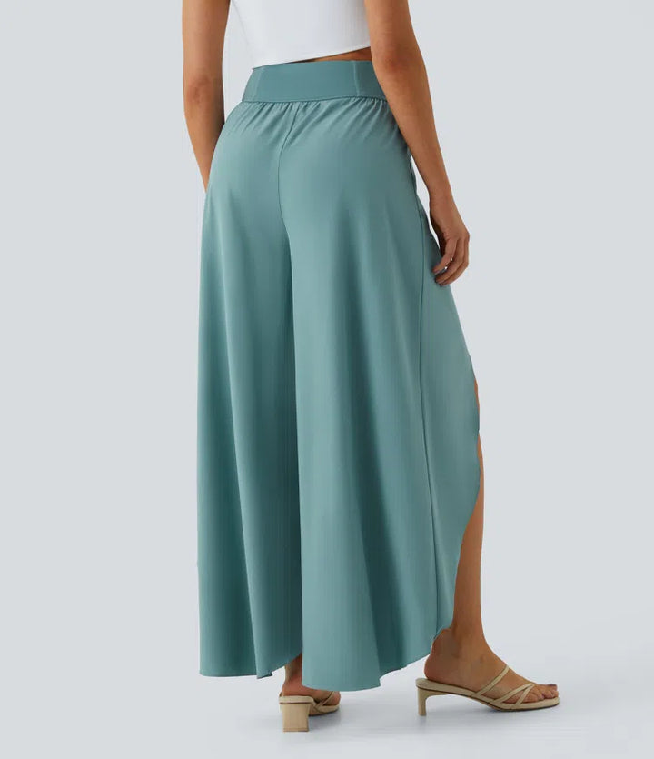 Breezeful High Waisted Back Waistband Pocket Palazzo Flowy Wide Leg Quick Dry Casual Trousers