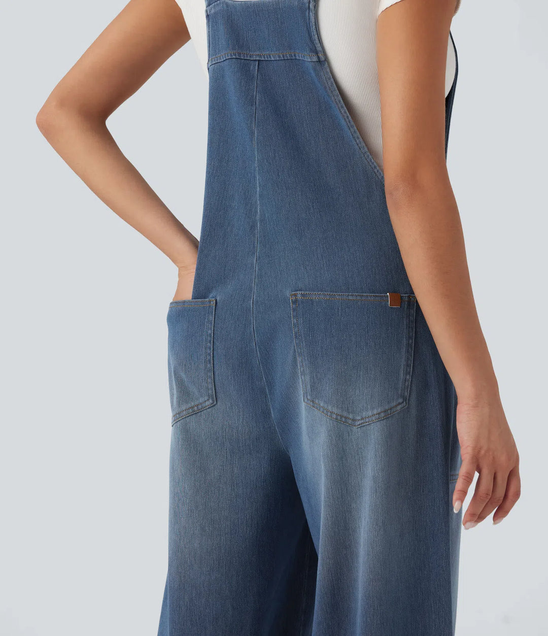 Halara Flex Square Neck Washed Denim Casual Dungarees with Pockets