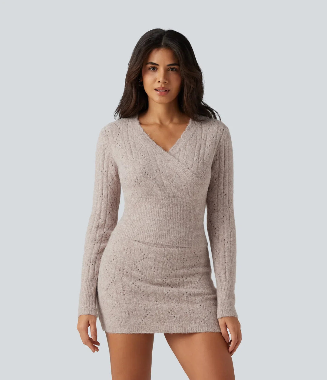 V Neck Long Sleeve Scallop Hem Open Knit Casual Jumper