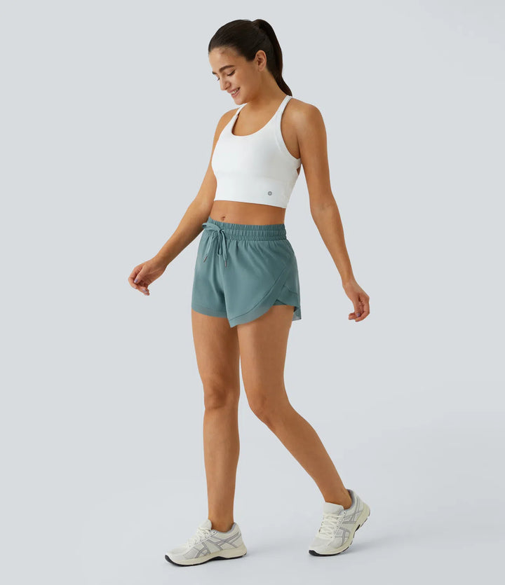 Mid Rise Drawstring Contrast Mesh 2-in-1 Flowy Running Shorts 3&