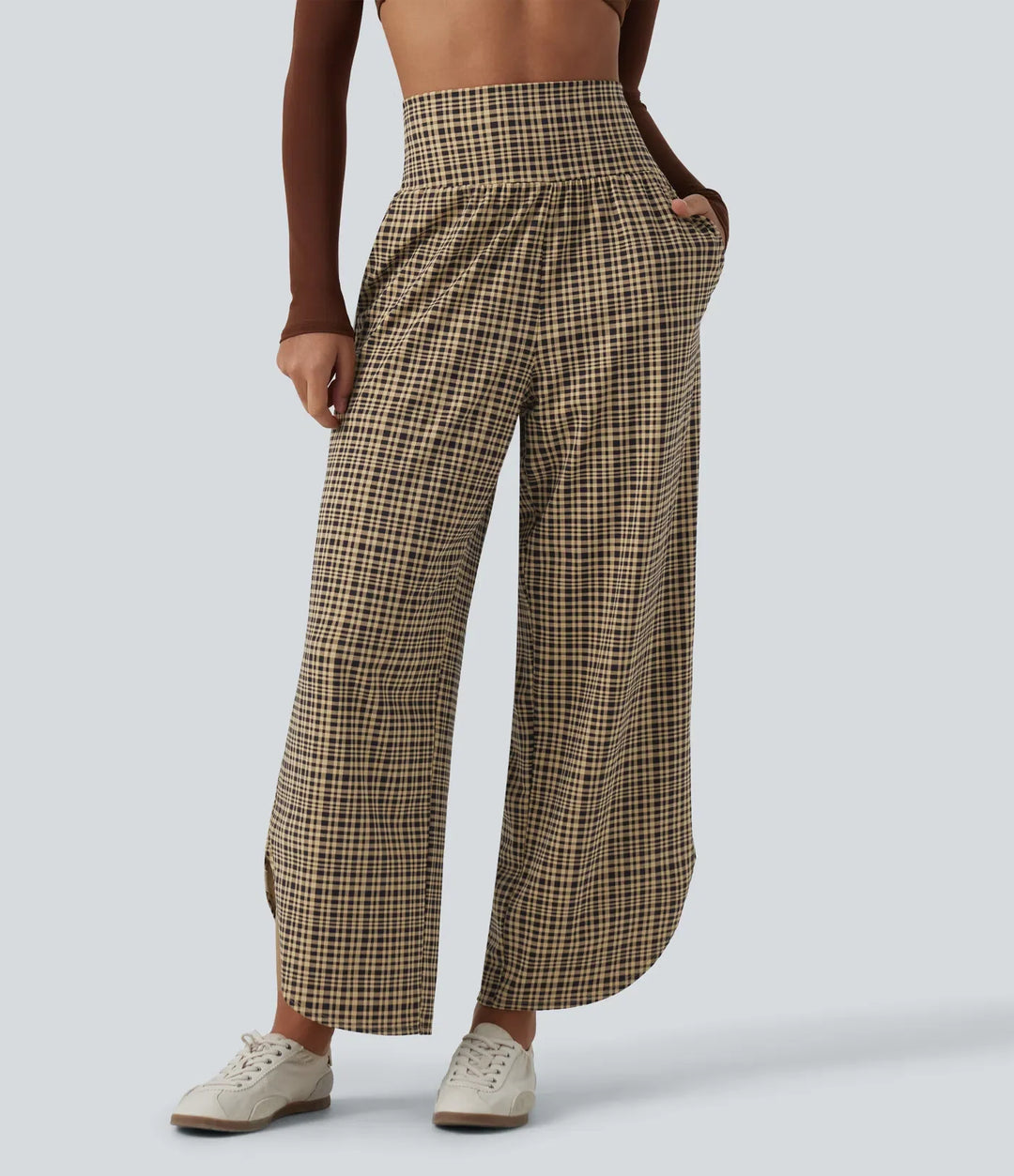 High Waisted Tummy Control Plaid Wide Leg Running Trousers with Pockets