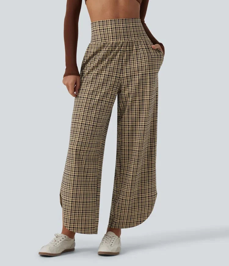 High Waisted Tummy Control Plaid Wide Leg Running Trousers with Pockets