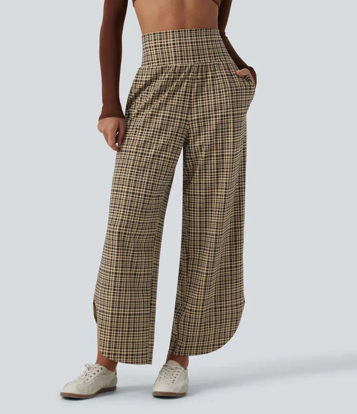 High Waisted Tummy Control Plaid Wide Leg Running Trousers with Pockets