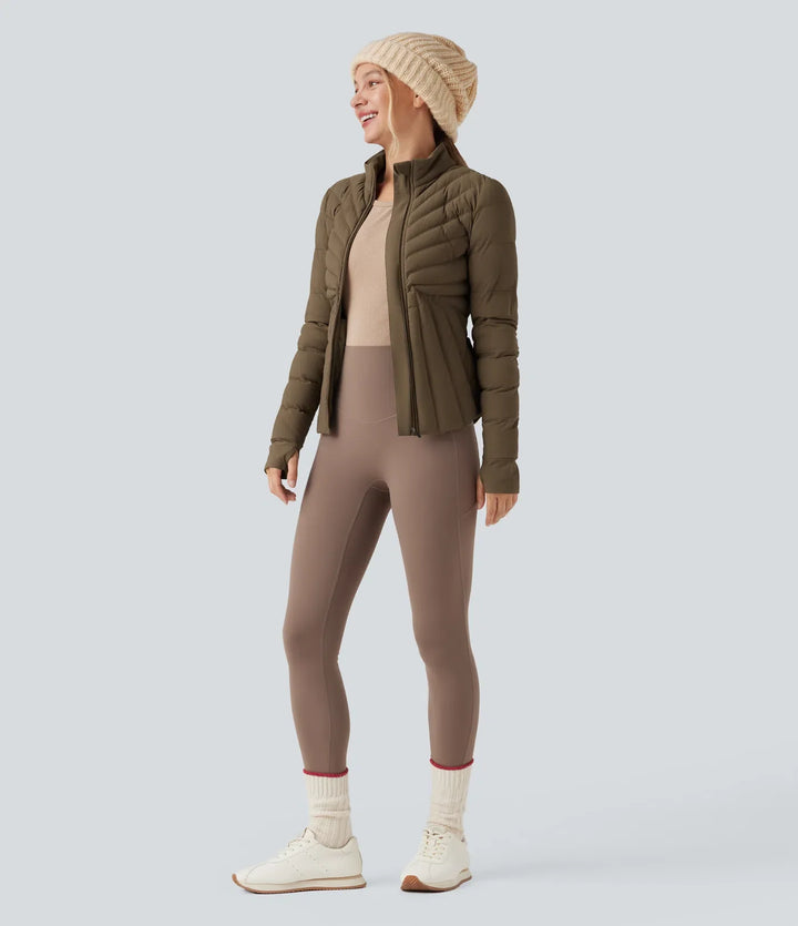 PuffFlex Stand Collar Thumb Holes Stretchy Workout Padded Jacket with Pockets